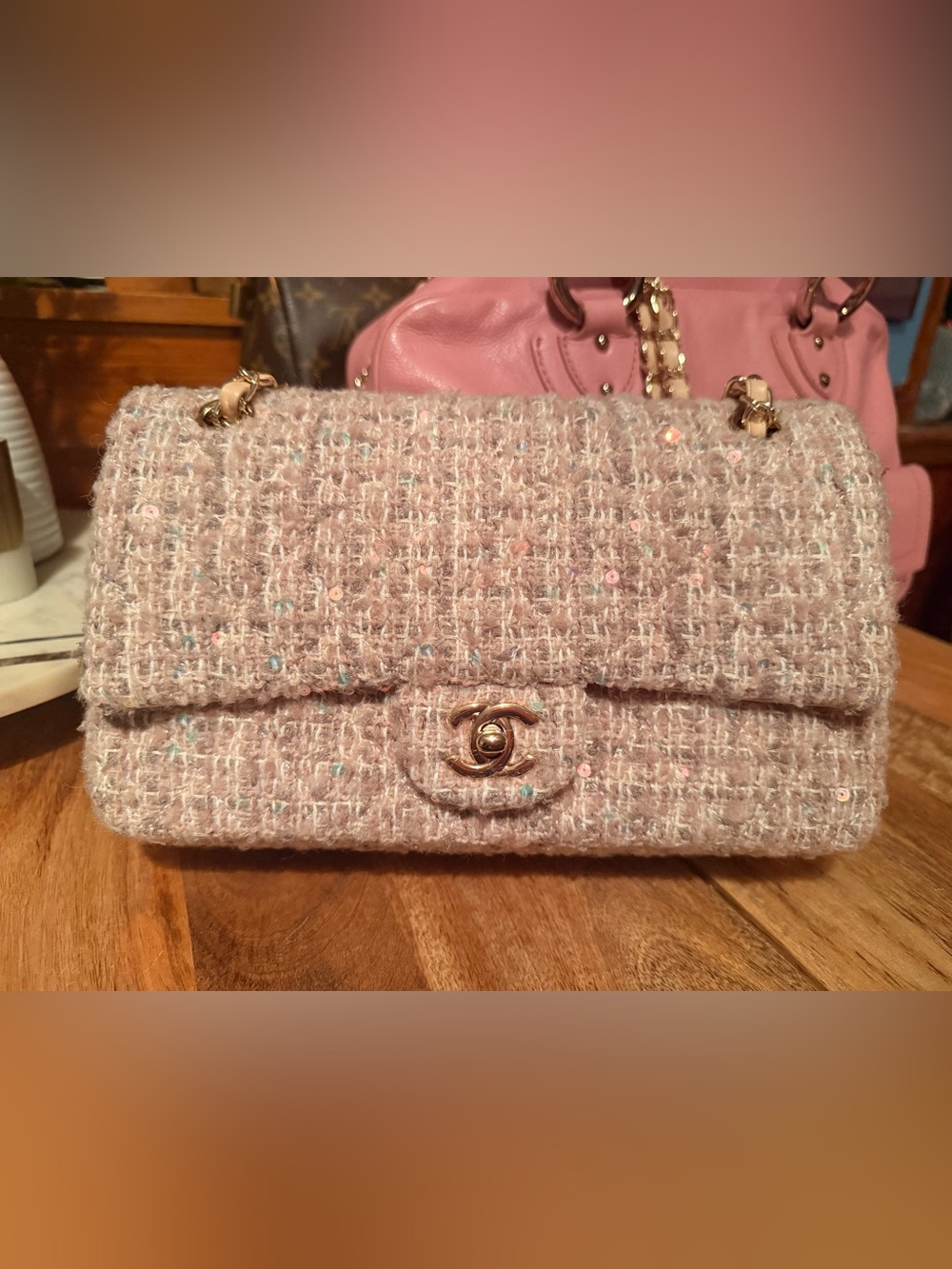 Pink Tweed Shoulder Bag with Gold-Tone CC Turn Lock